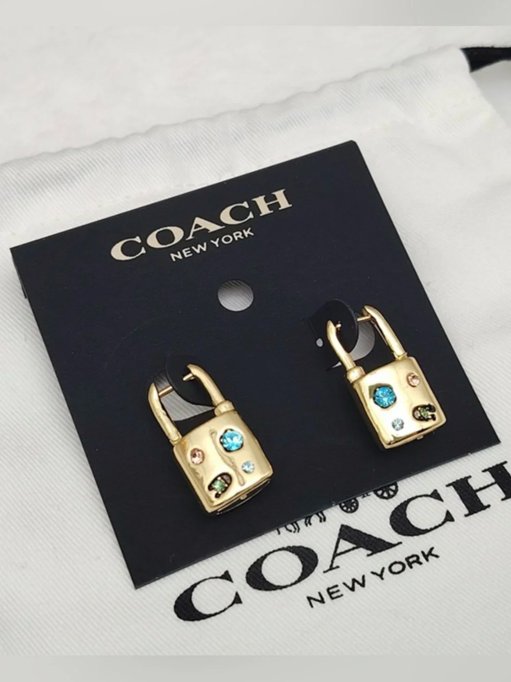 COACH Signature Gem Multicolor Crystal Padlock Hoop Earrings in Gold Tone - Picture 2 of 7